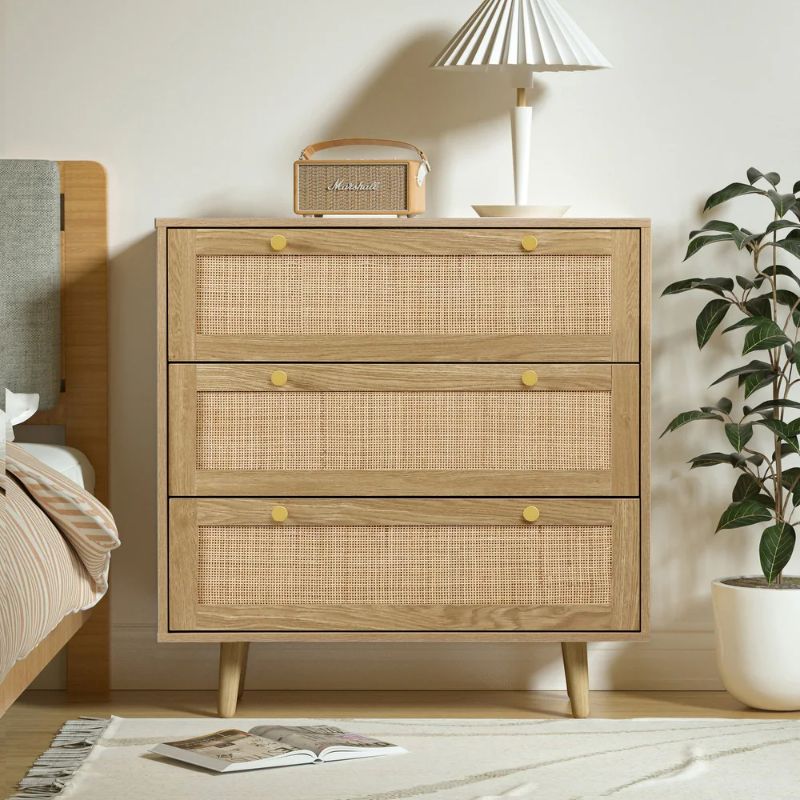 Photo 1 of Anmytek 3-Drawer Chest of Drawers with Pine Wood Legs Farmhouse Rattan Dresser Natural Oak Cabinet 31.5 in W. x 35.4 in H.
