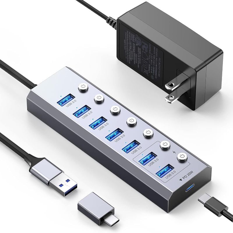 Photo 1 of Elecife Powered USB 3.0 Hub, 8-Port Powered USB Hub, Aluminum USB Splitter with 6 USB 3.0 Data Ports, Individual On/Off Power Switches and 5V/3A Power Adapter, SD/TF Card Readers, for PC and Laptops
