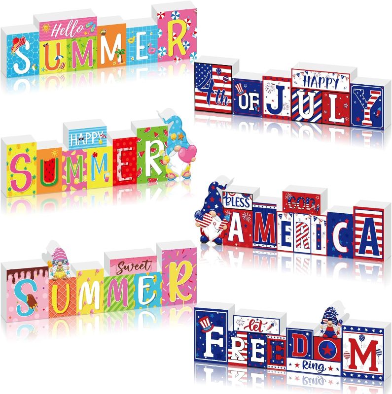 Photo 1 of Geetery 3 Pieces Reversible Hello Summer 4th of July Decorations Double Sided Patriotic Self Standing Block American Flag Table Signs for Summer Party Independence Day Home Office Tiered Tray Decor
