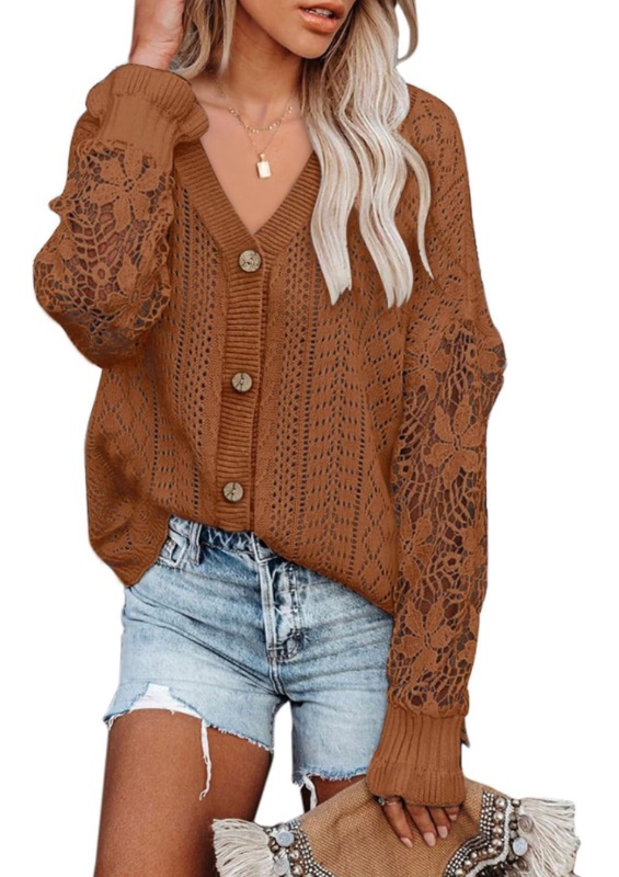 Photo 1 of AlvaQ Womens Lightweight Lace Crochet Cardigan Sweater Kimonos Casual Oversized Open Front Button Down Knit Outwear Medium