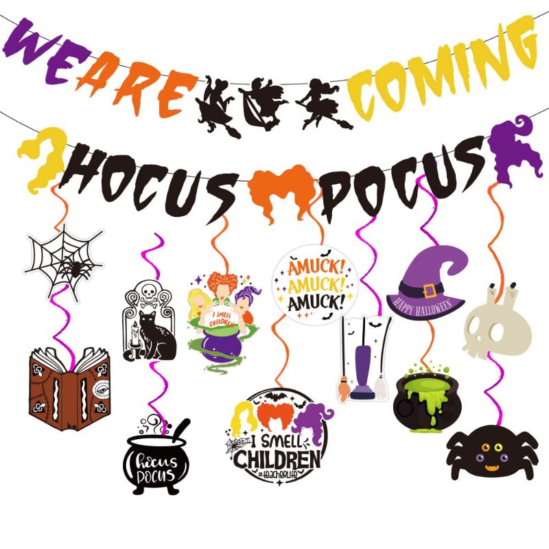 Photo 1 of 2pack Hocus Party Decorations 38 Pcs Halloween Pocus Decorations with Cute Witch Banner for Halloween Party Decorations Supplies Pocus Party Decorations