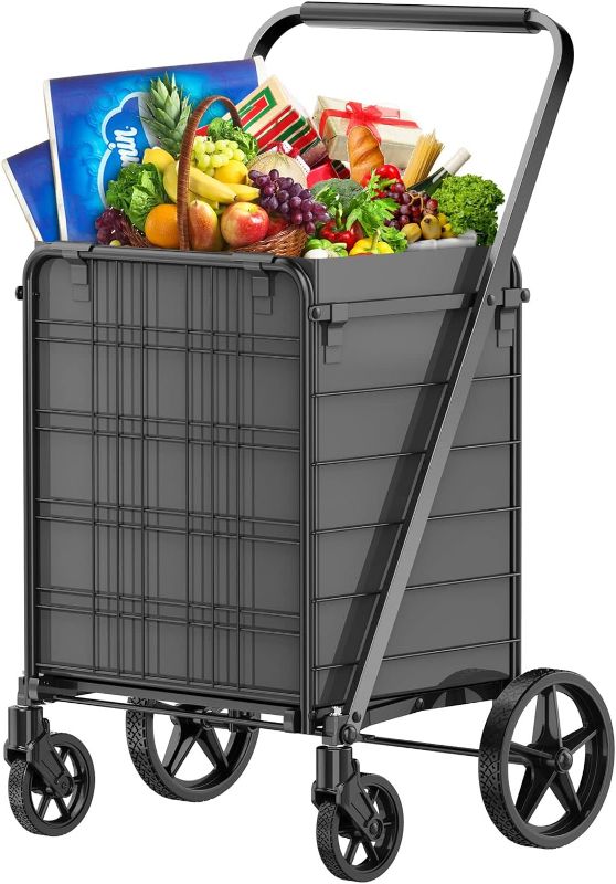 Photo 1 of [2023 Upgrade] Shopping Cart for Groceries, 280 lbs Heavy Duty Large Grocery Cart with 360° Swivel Wheels, Waterproof Liner, Portable Foldable Utility Carts for Seniors,Laundry,Transport (Black)
