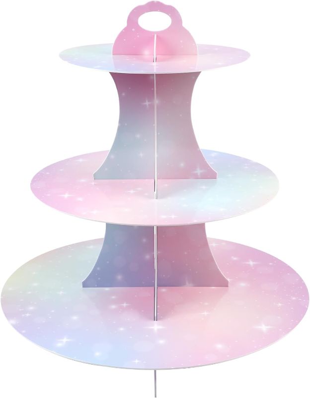 Photo 1 of Pastel Cupcake Holder, 3-Tier Rainbow Theme Cardboard Cupcake Stand, Dessert Tower Display Party Supplies Decoration
