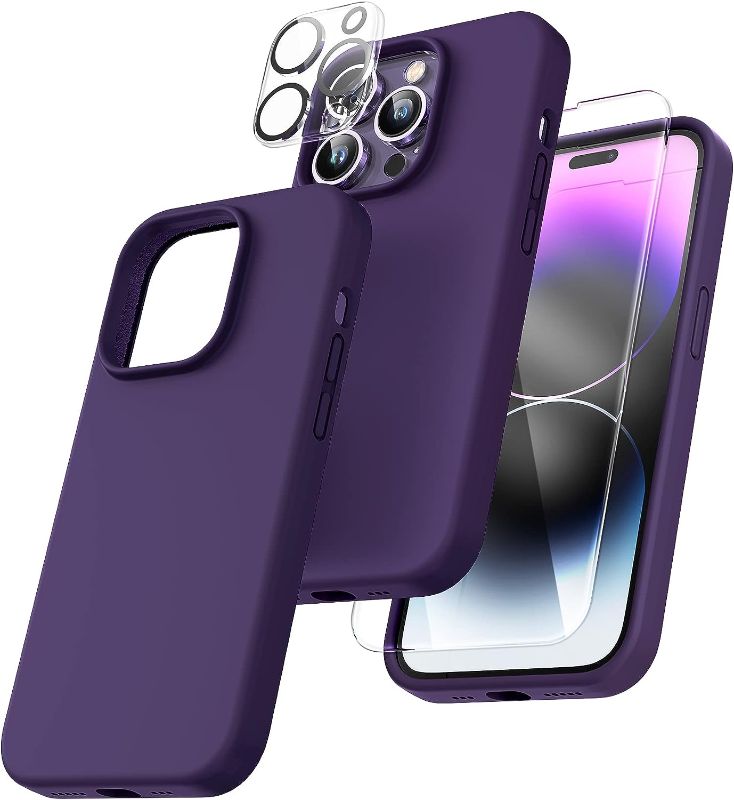 Photo 1 of TOCOL [5 in 1 for iPhone 14 Pro Max Case, 2 Screen Protector + 2 Camera Lens Protector, Slim Liquid Silicone Phone Case iPhone 14 Pro Max 6.7 Inch, [Anti-Scratch] [Drop Protection], Midnight Purple
