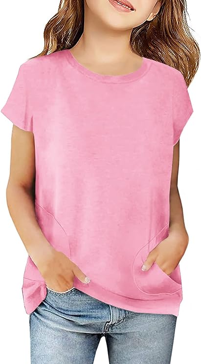 Photo 1 of Haloumoning Girls Casual Short Sleeve T Shirts Color Block Tee Blouse Kids Loose Tunic Tops with Pockets Size 4-15
