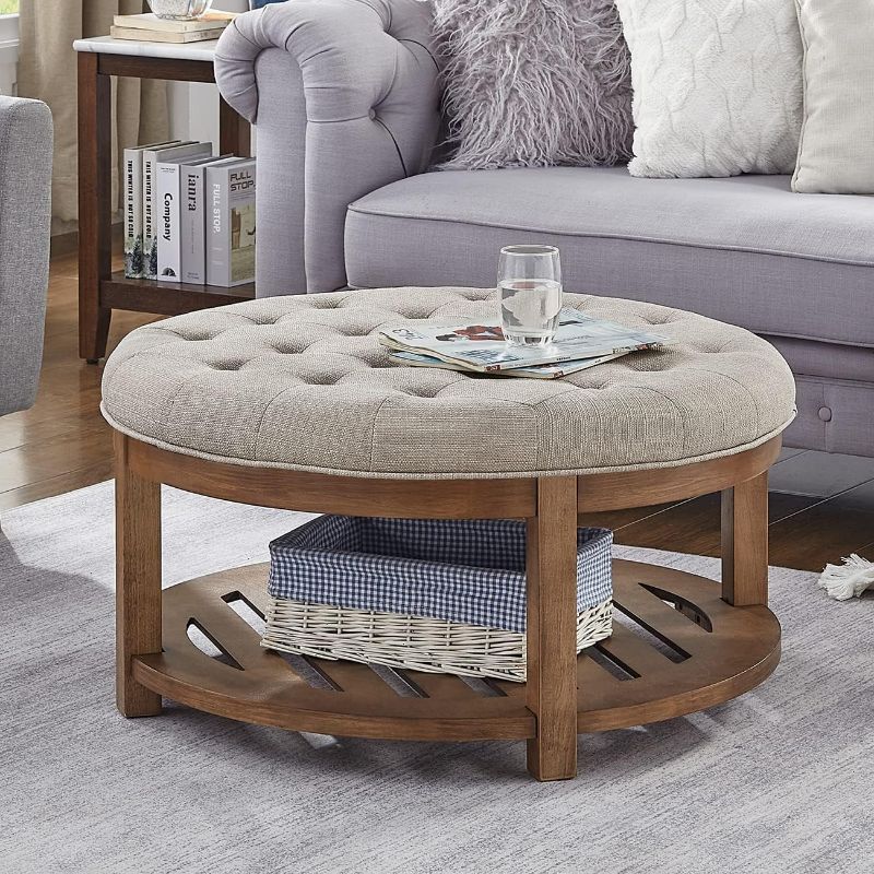 Photo 1 of 24KF Large Round Upholstered Tufted Linen Ottoman Coffee Table, Large Footrest Ottoman with Wood Shelf Storage-Ivory Round Ottoman with Shelf Ivory Ottoman With Shelf