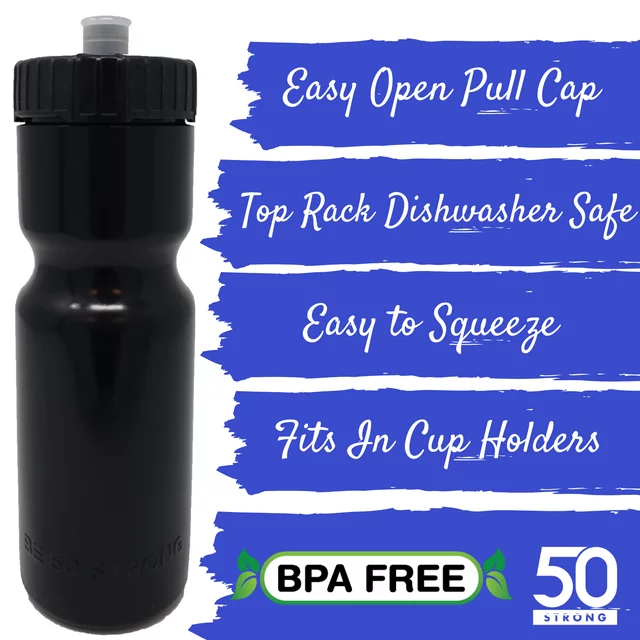 Photo 1 of 50 Strong Brand Sports Squeeze Water Bottles - Set of 3 - Team Pack – 22 oz. BPA Free Bottle Easy Open Push/Pull Cap – Multiple Colors Available (Black)
