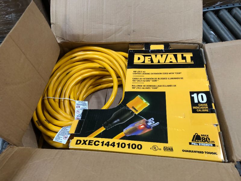 Photo 2 of DEWALT 100 Foot Extension CordLighted Click-to-Lock 10/3 SJTW -Heavy Duty Outdoor, Waterproof, Weatherproof, Heat & Corrosion Resistant Industrial Strength Light Up Three Prong Outlet Plug Power Cord 100 ft