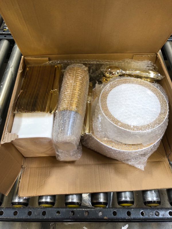Photo 1 of 350 Piece Gold Dinnerware Set - 100 Gold Lace Design Plastic Plates - 50 Gold Plastic Silverware - 50 Gold Cups - 50 Linen Like Gold Napkins 50 Guest
