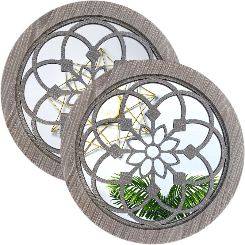 Photo 1 of Wocred 2 PCS Round Wall Mirror,Gorgeous Rustic Farmhouse Accent Mirror,Barn Wood Color Entry Mirror for Bathroom Renovation,Bedrooms,Living Rooms and More(11.8”)
