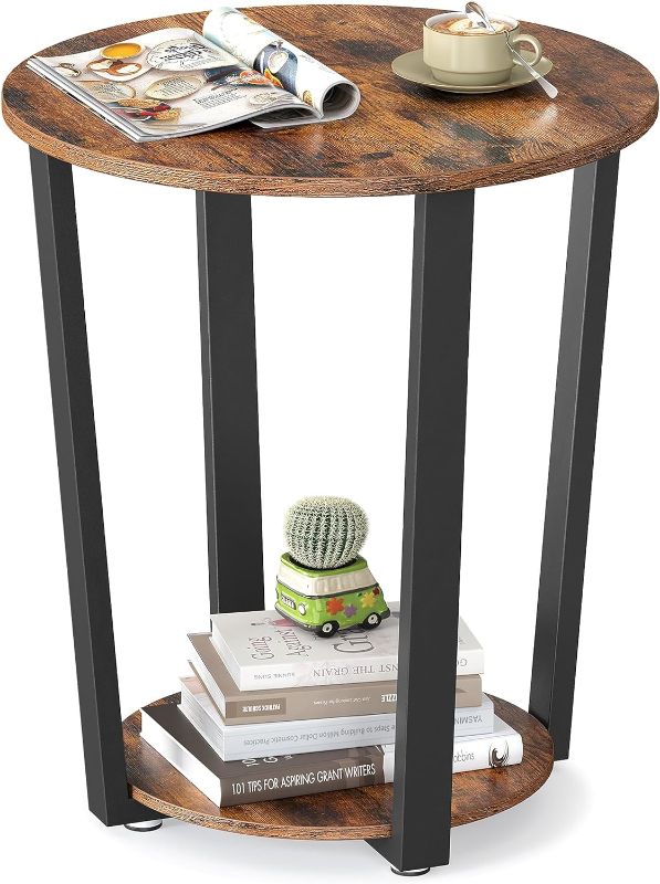 Photo 1 of VASAGLE End Table, Round Side Table with Storage Shelf, Easy Assembly, Industrial Accent Furniture with Steel Frame, Rustic Brown and Black
