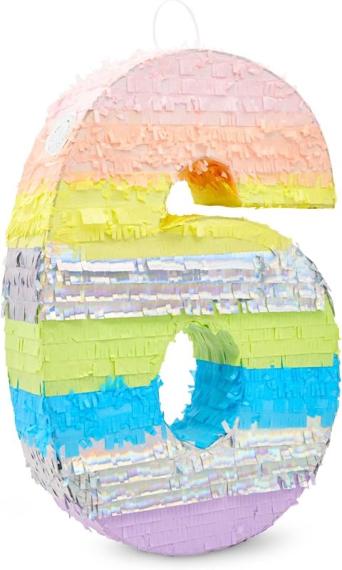 Photo 1 of Large Number 6 Pinata for 6th Birthday Party Decorations, Rainbow Pastel Design (21 x 14.2 x 4 In)
