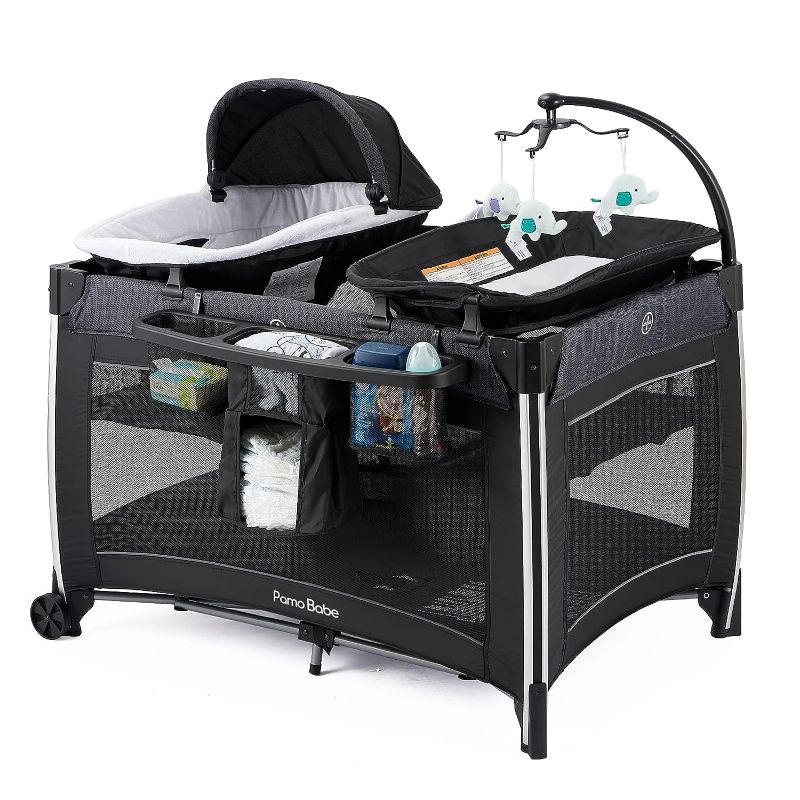 Photo 1 of x003209ymbPamo Babe 4 in 1 Portable Baby Crib Deluxe Nursery Center, Foldable Travel Playard with Bassinet, Mattress, Changing Table for Newborn, Infant, Toddler(Black)
