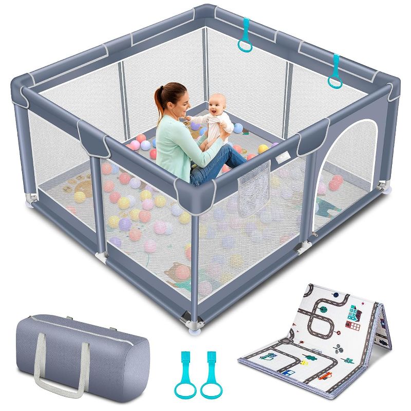 Photo 1 of  Baby Playpen with Mat, Baby Play Yard for Toddler, Portable Large Baby Fence Area with Anti-Slip Base, Indoor & Outdoor Large Kids Activity Center, Playard for Baby(Gray)