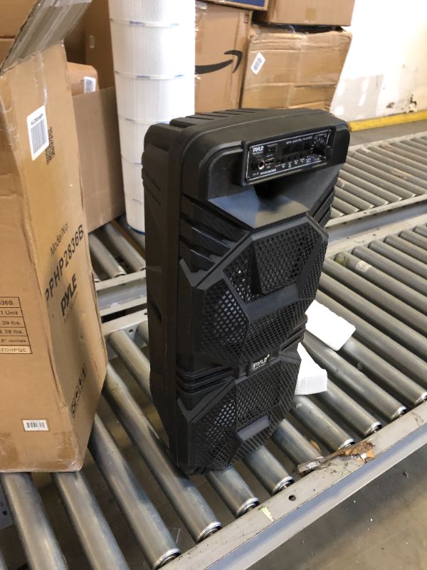 Photo 3 of Pyle Bluetooth PA Speaker System - 600W Rechargeable Outdoor Bluetooth Speaker Portable PA System w/ Dual 8” Subwoofer 1” Tweeter, Microphone In, Party Lights, USB, Radio, Remote - Pyle PPHP2836B Speaker System Speaker System