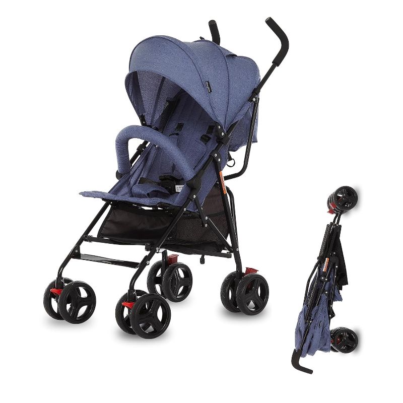 Photo 1 of Dream On Me Vista Moonwalk Baby Stroller in Blue, Lightweight Infant Stroller with Compact Fold, Multi-Position Recline Umbrella Stroller with Canopy, Extra Large Storage and Cup Holder
