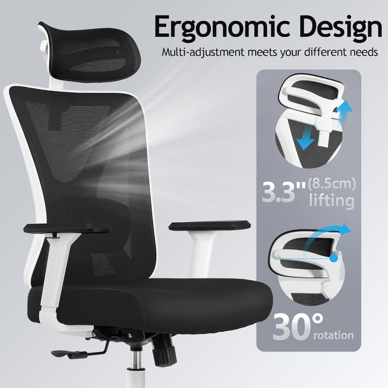 Photo 1 of KERDOM Ergonomic Office Chair, Rolling Swivel Executive Desk Chair, Breathable Mesh Gaming Chair with Adjustable Headrest, 3D Armrest and Lumbar Support for Home Office white