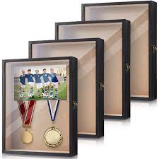 Photo 1 of 4 Pcs 11 x 14 Inch Wood Shadow Box Display Case, Wooden Shadowbox Picture Frame with Linen Back and Hinge, Glass Memory Box Frame for Memorabilia Bouquet Photo Wall Hanging Decor (Black)
