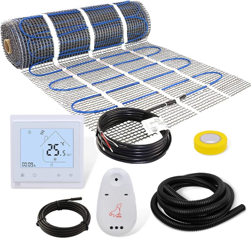 Photo 1 of 50 Sqft Floor Heat Mat Kit, 110v Electric Radiant Floor Heating System for Under Stone, Tile and Laminate. Kit Includes Alarm, Heating Floor Mat, Wifi Programmable Thermostat and Sensor
