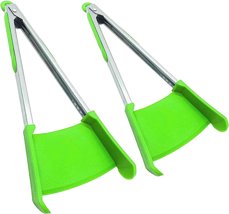 Photo 1 of 2 in 1 Tongs Spatula Multifunctional Tongs Silicone Spatula for Cooking, Kitchen Tongs with Silicone Tips,2 Sizes Food Grade Heat Resistant Stainless Steel Frame Dishwasher Safe?Green & 2pcs)
