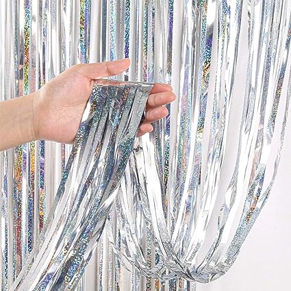 Photo 1 of 2 PACK --- Aiigowee Foil Curtains 3.2ft x 8.2ft, Sparkle Metallic Foil Tinsel Fringe Curtains Backdrop for Birthday Party,Wedding,Christmas,New Year,Photo Booth Props,Celebration Decoration(2 Packs,Silver
