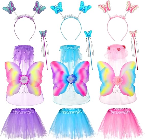 Photo 1 of Yunlly 3 Set Princess Fairy Costume Set, Includes Butterfly Wing, Tutu, Headband, Wand, and Veil for Children Birthday Party
