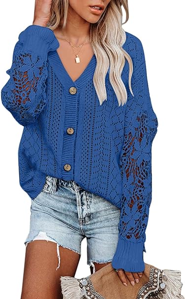 Photo 1 of AlvaQ Womens Lightweight Lace Crochet Cardigan Sweater Kimonos Casual Oversized Open Front Button Down Knit Outwear L
