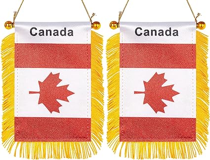 Photo 1 of ZXvZYT 3 X 5 Inch Canada Window Hanging Flag Canadian Small Mini Car Flags Banners Rearview Mirror Decoration - with Suction Cup & Golden Fringy Banner(2 Pack)
