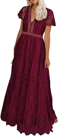 Photo 1 of BLENCOT Womens Casual Boho Floral Lace V Neck Long Evening Dress Cocktail Party Maxi Wedding Dresses M
