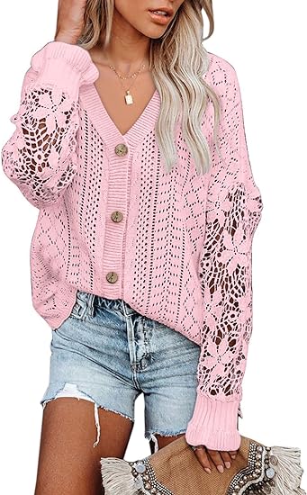 Photo 1 of AlvaQ Womens Lightweight Lace Crochet Cardigan Sweater Kimonos Casual Oversized Open Front Button Down Knit Outwear M