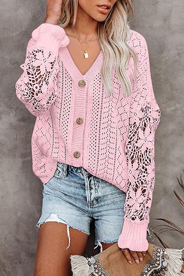 Photo 1 of AlvaQ Womens Lightweight Lace Crochet Cardigan Sweater Kimonos Casual Oversized Open Front Button Down Knit Outwear M