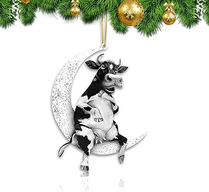 Photo 1 of 2 PACKS -- Animals Sitting On The Moon Ornaments for Christmas Tree, Double-Printed Acrylic Hanging Pendant for Christmas Tree Decorations, Window Wall Hanging Ornament Living Room Decoration Home Decor (Cows)

