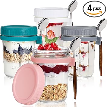 Photo 1 of 4 Pack Overnight Oats Container with Lid and Spoon, 16 OZ Airtight Glass Mason Oatmeal Jars, On The Go Meal Prep Jars with Measurement Marks for Milk, Cereal, Fruit, Breakfast