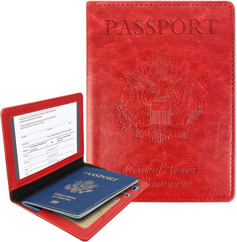 Photo 1 of Alsa Passport and Vaccine Card Holder Combo, Cover Case with CDC Vaccination Card Slot, Leather Travel Documents Organizer Protector, with RFID Blocking, for Women and Men(Red)
