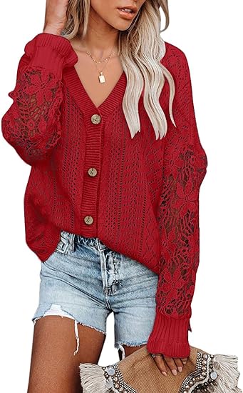 Photo 1 of AlvaQ Womens Lightweight Lace Crochet Cardigan Sweater Kimonos Casual Oversized Open Front Button Down Knit Outwear S
