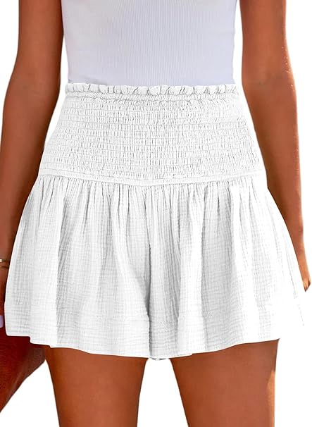 Photo 1 of ANGGREK Womens Summer Casual Shorts Loose High Elastic Waisted Pleated Ruffle Beach Shorts Flowy Cute Shorts L
