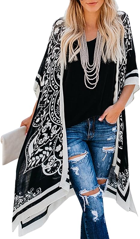 Photo 1 of ANGGREK Women's Swimsuit Cover Ups Bohemian Floral Print Kimono Summer Beach Cardigan One Size
