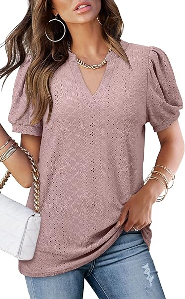 Photo 1 of ANGGREK Womens Summer Tops Puff Sleeve Eyelet Notch V Neck Casual Hollow Out T Shirts
L