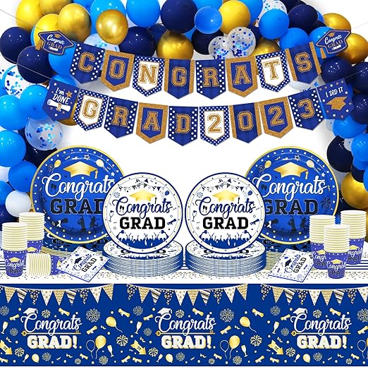 Photo 1 of Blue and Gold Graduation Party Decorations Congrats Grad Banner with Congrats Grad Plates and Napkins Congrats Grad Decorations Graduation Party Supplies 
