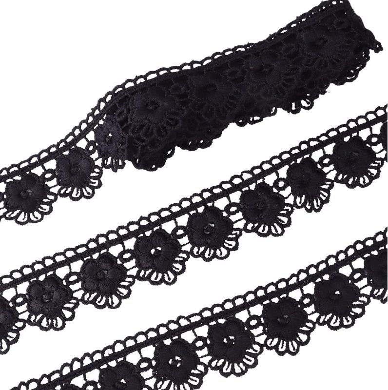 Photo 1 of  Black Lace Trim 7 Yards Venice Flower Lace Ribbon Embroidery Lace for Sewing Crafts, Dress Decoration