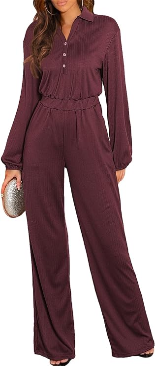 Photo 1 of BLENCOT Women V Neck Long Sleeve Jumpsuits Button Ribbed Casual Loose Long Wide Leg Rompers With Pockets S
