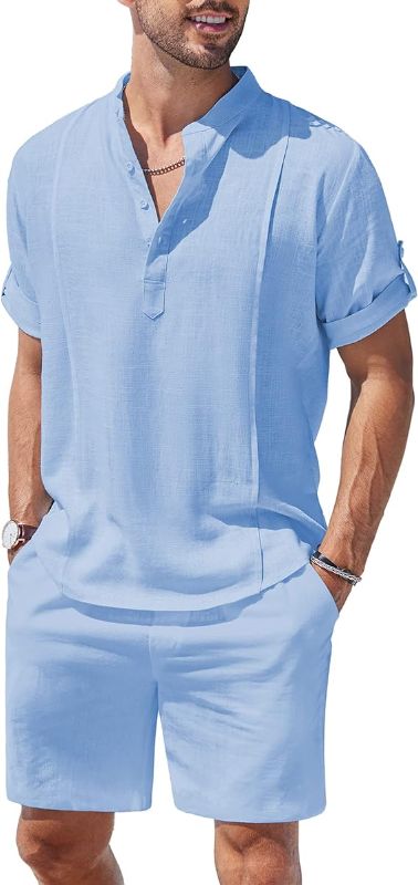 Photo 1 of COOFANDY Men's 2 Pieces Linen Set Henley Shirt Short Sleeve and Shorts Summer Beach Yoga Matching Outfits, S
