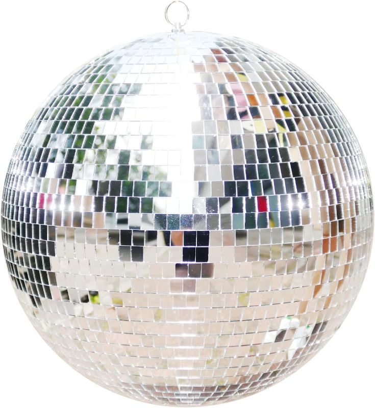 Photo 1 of  Jumbo Glass Disco Ball 16 and 12 Inch Mirror Disco Ball Large Silver Hanging Disco Ball Reflective Disco Ball Lighting Disco Party Supplies for DJ Dance Music Club Stage Home Party Decoration