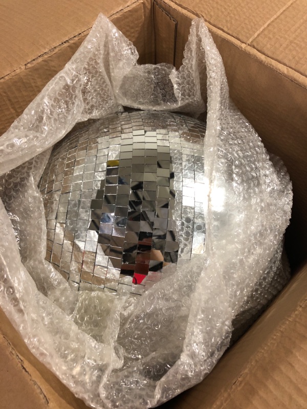 Photo 2 of  Jumbo Glass Disco Ball 16 and 12 Inch Mirror Disco Ball Large Silver Hanging Disco Ball Reflective Disco Ball Lighting Disco Party Supplies for DJ Dance Music Club Stage Home Party Decoration