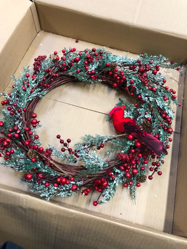 Photo 2 of 24 in. Winter Holiday Wreath with Red Berries and Cardinal
