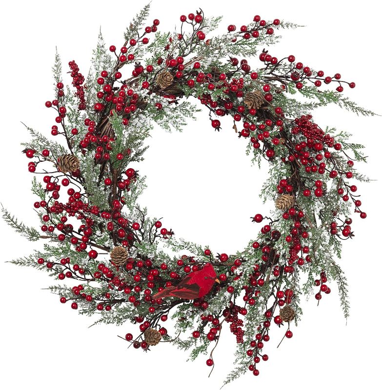 Photo 1 of 24 in. Winter Holiday Wreath with Red Berries and Cardinal
