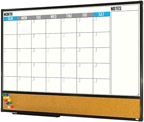 Photo 1 of XBoard Dry Erase Calendar Whiteboard 36 X 24 - Combo White Board Calendar Monthly, Magnetic White Board + Corkboard with Black Aluminum Frame, 10 Colorful Push Pins & Marker Tray Included
