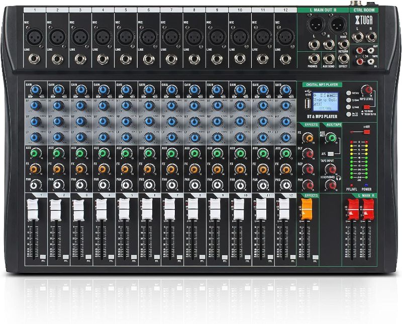 Photo 1 of XTUGA CT120 12-Channel Professional Audio Mixer for Computer Recording Sound Controller Interface Built-in Digital Effect Studio Mixer with 48V Phantom Power,RCA Input/Output,MP3,Bluetooth,EQ
