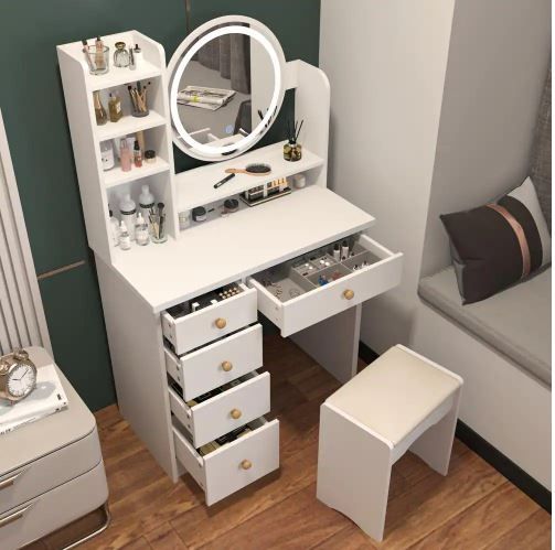 Photo 1 of 5-Drawers White Wood Makeup Vanity Set Dressing Desk W/ Stool, LED Round Mirror and Storage Shelves 52x 31.5x 15.7 in.
