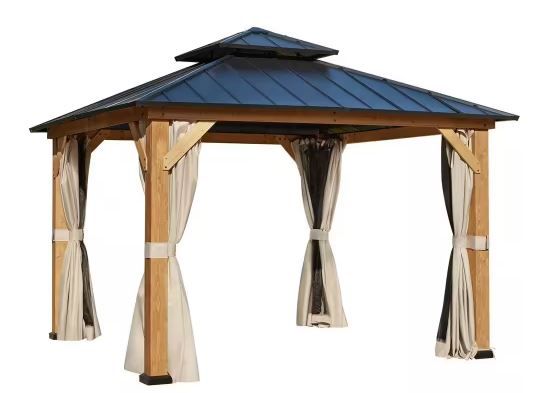 Photo 1 of 11 ft. x 11 ft. Cedar Wood Frame Gazebo, Outdoor Hardtop Gazebo with Metal Roof, Privacy Curtains, and Mosquito Nettings
